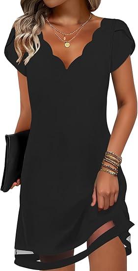 ETCYY NEW Womens Summer Dresses Mesh Hem Petal Short Sleeve Dress Floral Print Daily Sundresses with Pockets L