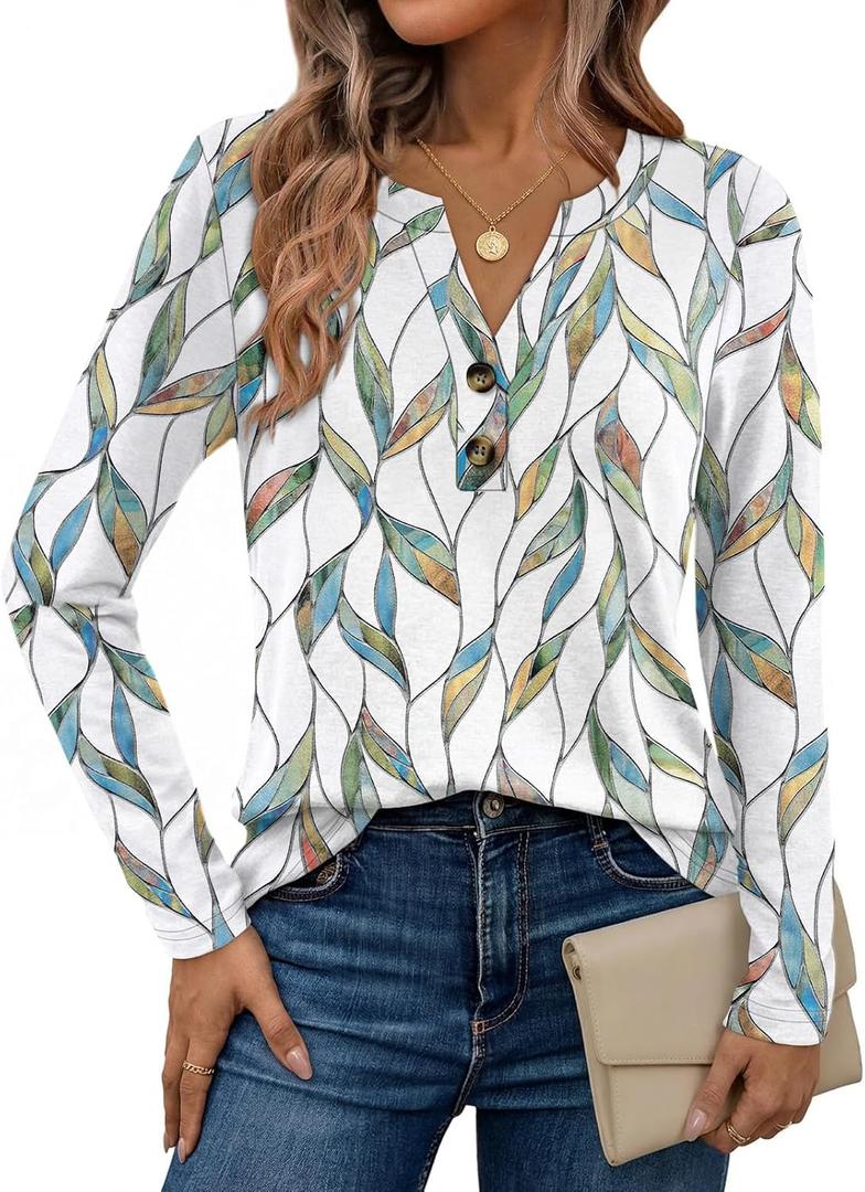 Dealmore Women's Boho Henley Printed Shirts V-Neck Tunic Tops (White, L)