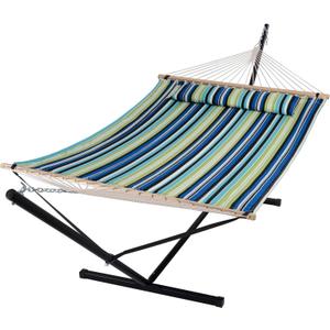 SUNCREAT Hammock with Stand 2 Person Heavy Duty, Freestanding Hammock with Spreader Bar, Soft Pillow, Green Stripes