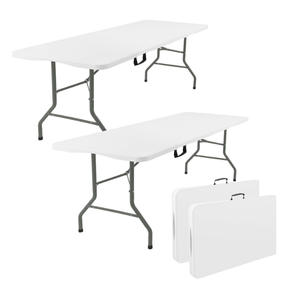Fivenl 2 Pack 6 Feet Portable Folding Table White, Steel Legs Fold-in-Half with Carrying Handle Rectangular Plastic Foldable Table for Party, Wedding, Camping, Picnic, Dining, Indoor Outdoor Events