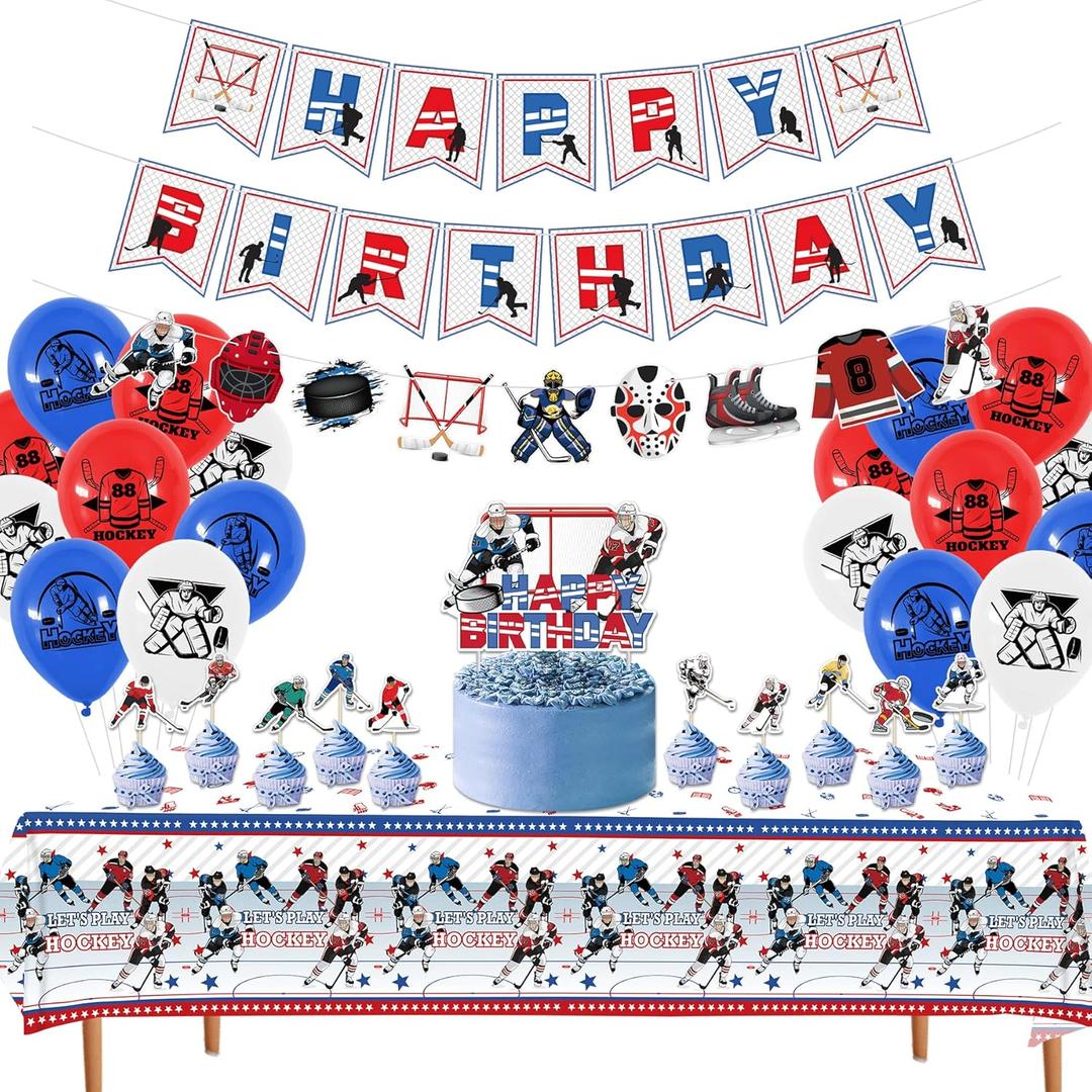 KEFAN Hockey Party Decorations, Ice Hockey Birthday Party Supplies Favors Includes Banner, Cake Toppers, Latex Balloons, Tablecloth for Hockey Lovers Boys Kids Birthday Party (Banner)