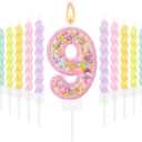 MTLEE Number 9 Birthday Candle with 12 Pcs Spiral Candles for Girls Macaron Pastel Rainbow Unicorn Pink Cake Topper for Sweet Theme Party Decoration