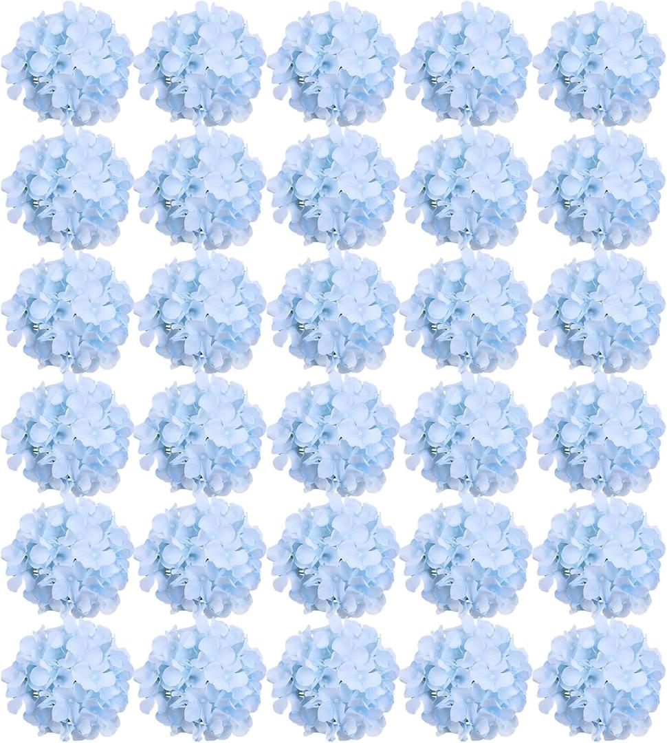 FagusHome Silk Hydrangea Heads 73 Pcs Artificial Flowers Only Heads No Stems Fake Hydrangea Flowers for Home Wedding Decor No Stems (Light Blue)