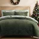 WRENSONGE Velvet Queen Quilt Set-3 Pieces Olive Green Luxurious Striped Channel Velvet Comforter with 2 Shams, Soft Bedspread Coverlet Quilted Bedding Set for All Season (Full/Queen (90"x 94"))
