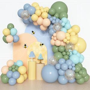 Amandir 153pcs Blue and Yellow Balloon Arch Kit, Different Sizes 18 12 10 5 inch Sage Green Dusty Haze Blue Pastel Yellow Cream Gold Confetti Balloons for Birthday Party Bear Baby Shower Decorations