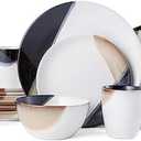 Gourmet Basics by Mikasa Caden 16-Piece Stoneware Dinnerware Set — Service for 4, Reactive Glaze, Black/ Tan & White Finish, Microwave & Dishwasher Safe, Everyday & Formal Use
