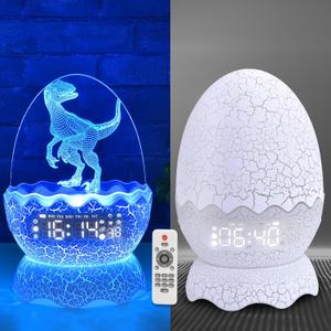 Dinosaur Egg Kids Clock | Alarm Clock | Colors Night Light | Lullaby Sound Machine |Bluetooth Speaker, Remote Control Cool Dinosaur Decoration & Unique Gift for Kids/Boys/Girls, White, ZQY002