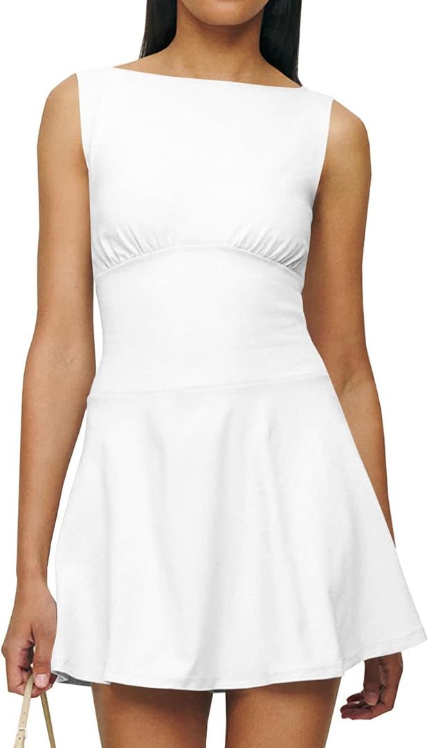 Women's Sexy Boat Neck Mini Dresses Sleeveless Ruffle Hem Party Short Dress (White, L)