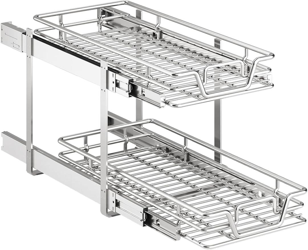 2pck 2-Tier Kitchen Cabinet Pull Out Shelf and Drawer Organizer Slide Out Pantry Storaqe Basket in Multiple Sizes (2x(12" W x 18" D))