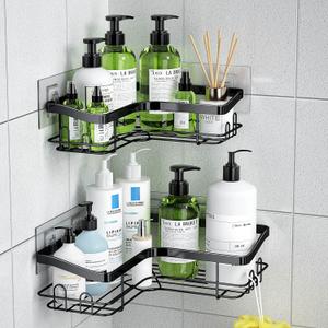 Corner Shower Caddy, 2 Pack Adhesive Shower Organizer with 8 Hooks, No Drilling Rustproof Stainless Shower Shelves for Bathroom, Organizers and Storage Racks, Black