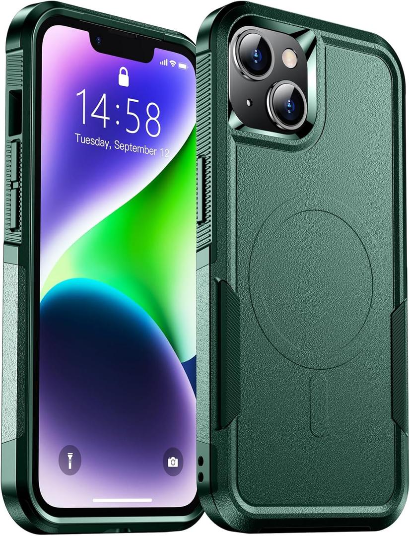 2 x Temdan Designed for iPhone 14 Case Magnetic,[Compatible with Magsafe][Military Grade Drop Protection] Dropproof Heavy Duty Tough Rugged Shockproof Phone Case for iPhone 14 (6.1")-Dark Green