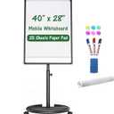 Mobile Whiteboard, Magnetic Dry Erase Board with Stand 40x28 inch, Height Adjustable Flipchart Easel Movable Rolling Stand White Board on Wheels with Dry Erase Markers, Magnets, Eraser (Black)