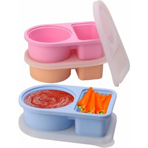 2 x 3 Pack Silicone Reusable Snack Containers with Lids, Double Compartment Snackle Box Containers, Salad Dressing Sauce Seasoning Container, Small Mini Food Snack Boxs (Multicolor 3 Pack)