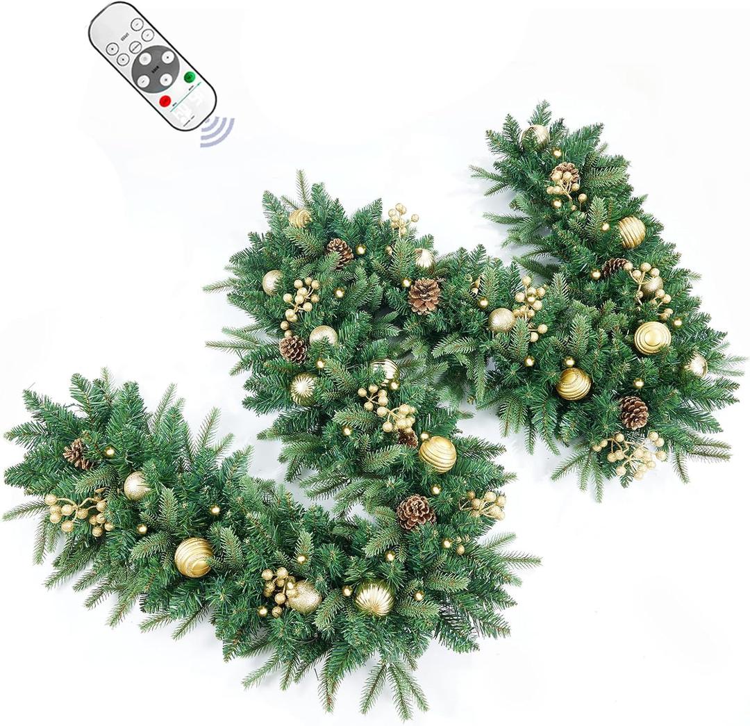 9FT Pre-Lit Artificial Christmas Garland with Dual Color LED Lights and Timer by Remote Control and Batteries Operated, Holiday Decorations, for Indoor Door Home Stairs Fireplaces Wall, Green Gold 9FT
