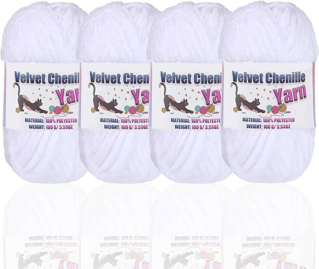 4 * 100g Fluffy Velvet Chenille Yarn for Crocheting and Knitting, Handcrafts Weaving Soft Chenille Yarn for Crocheting Clearance, Used for Making Baby Yarn Blanket, Clothes, DIY Craft (White)