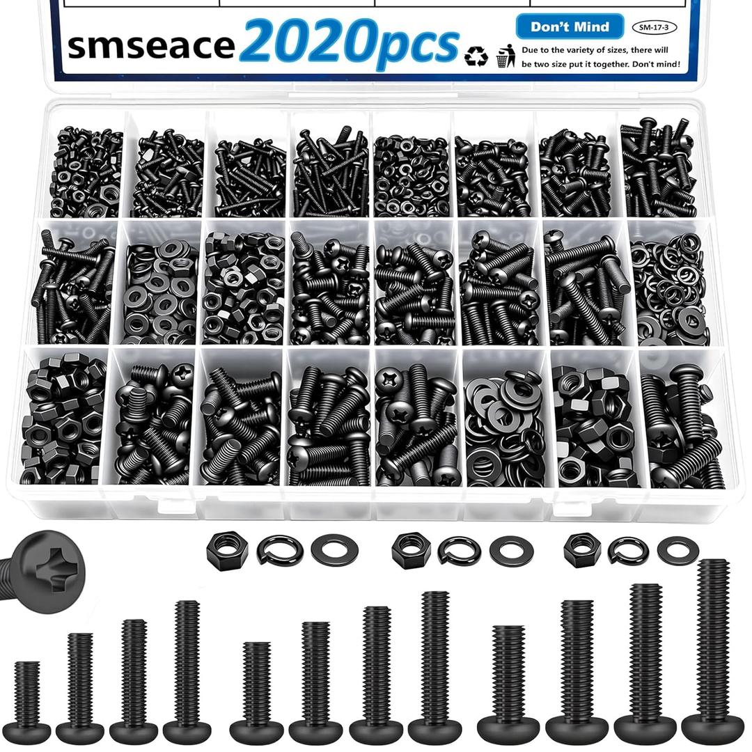 smseace 2020Pcs Metric Screws Assortment Kit 32-Sizes M2/M3/M4/M5/M6 Nuts and Bolts Assortment Kit for Machinery, Furniture, Automotive, 3D Printing, Motorcycle Repairs Metric Screw Assorted