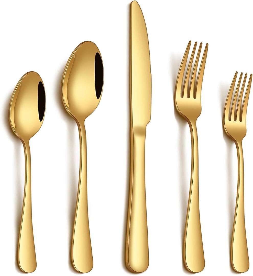 PHILIPALA 20 Piece Gold Silverware Set, Stainless Steel Flatware Set for 4 Food Grade Cutlery Utensil Set Include Knife Fork Spoon Mirror Polished Dishwasher Safe