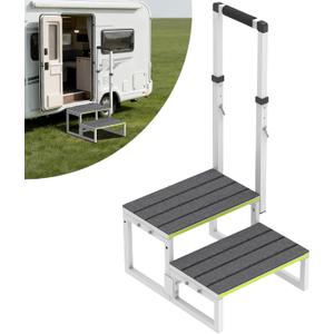 RV Steps with Handrail (26"-38"), Dual-Side Setup, Portable 2-Step RV Stairs with Wide Anti-Slip Mats, Ideal for RVs, Porches, Hot Tubs, Pools, and Pets (White)