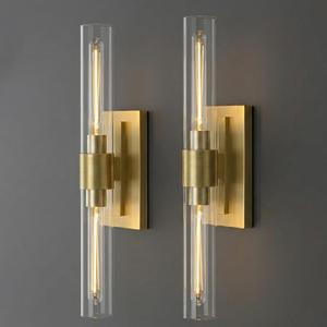22.8" Brass Wall Sconces Set of 2, Modern Luxury 2-Light Bathroom Vanity Lights with Glass Tube Shade, Dimmable Hardwired Gold Wall Sconce for Bathroom Mirror, Living Room, Hallway (Bulbs Included)