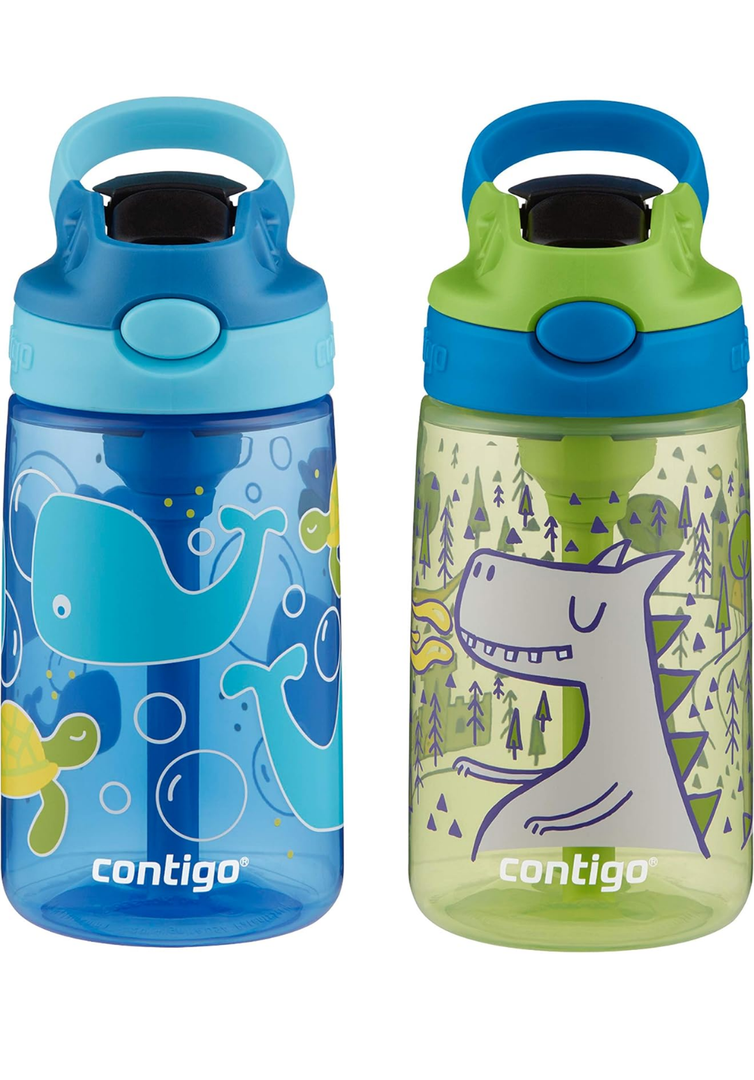 Contigo Aubrey Kids Water Bottle with Silicone Straw and Spill-Proof Lid, 14 oz, 2 Pack, Whales & Dragon