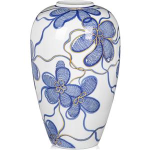 Blue and White Ceramic Vase for Home Decor Hand-Painted Porcelain Flower Vase with Gold Accents Chinoiserie-Inspired Home Decor Vase 11" for Table, Shelf, or Mantel