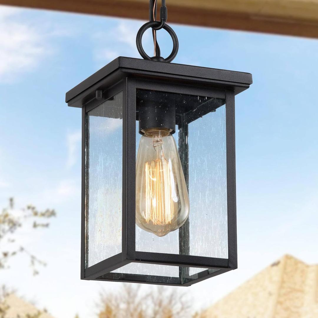 LOG BARN Outdoor Pendant Light Fixture, Farmhouse Exterior Lights, Anti-Rust Square Ceiling Outdoor Light with Seeded Glass, Lantern Hanging Light for Front Door, Entry, Porch, and Gazebo