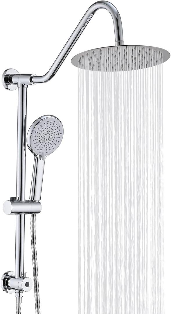 10 Inch Rain Shower Head with Handheld System, 24" Drill-free Slider Bar with Low 3-Way Diverter for Easy Reach, 4 Setting Handheld Spray with 5Ft Stainless Steel Hose - Chrome