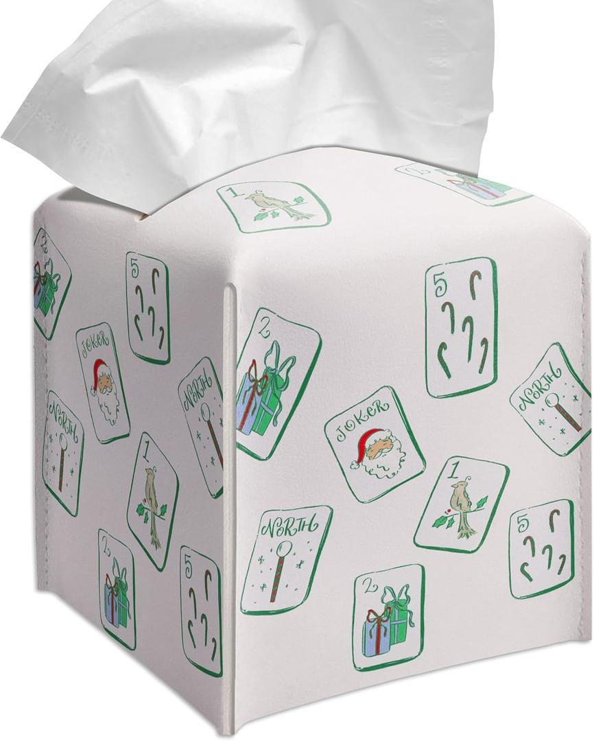 Grace Yonks Whimsical Tissue Box Cover Square - Holiday Mahjong Doodles Design 5.2" PU Leather Holder for Vanity, Desk, or Bathroom Counter - Cube Case for Facial Tissues. (110)
