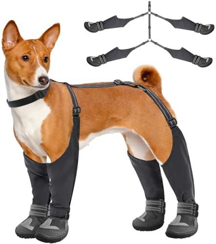 Idepet Dog Suspender Boots - Anti-Slip Waterproof Shoes for Winter Snow Rain Hiking - Adjustable Tall Leggings Paws Protector (Black, 7)