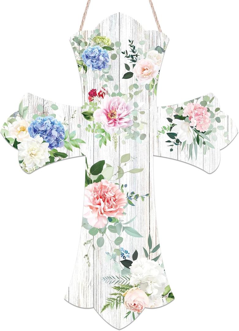 Easter Door Sign Wreath with Religious Cross - Floral Farmhouse Hanging Decor for Front Porch, Outdoor Christian Wooden Welcome Sign, Spring Wall Art Home Decoration