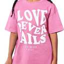 WDIRARA Girl's Letter Print Round Neck Half Sleeve T Shirt Oversized Casual Tee (Pink)