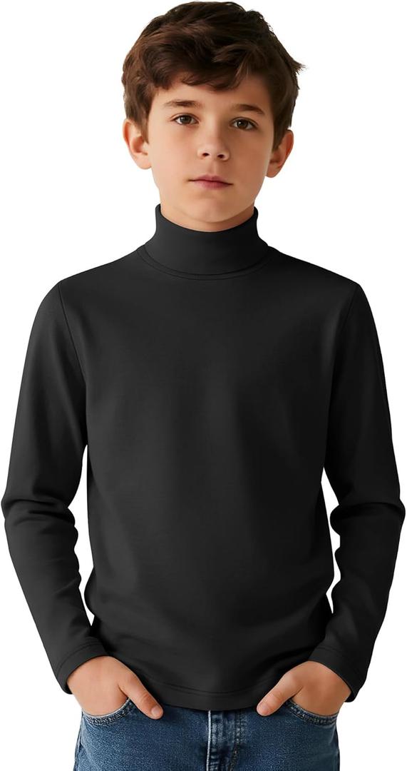 LessonZoo Boy's Long Sleeve Turtleneck Shirt Solid Color Mock Neck Top Soft Stretch Base Layer Tee Warm Casual Basic T-Shirt (13-14 Years, Black)
