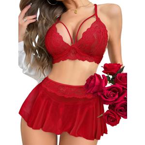 Sexy Mini Skirt with G-String Floral Lace Sheer Bralette Lingerie Set 3 Piece Otufits (Medium)