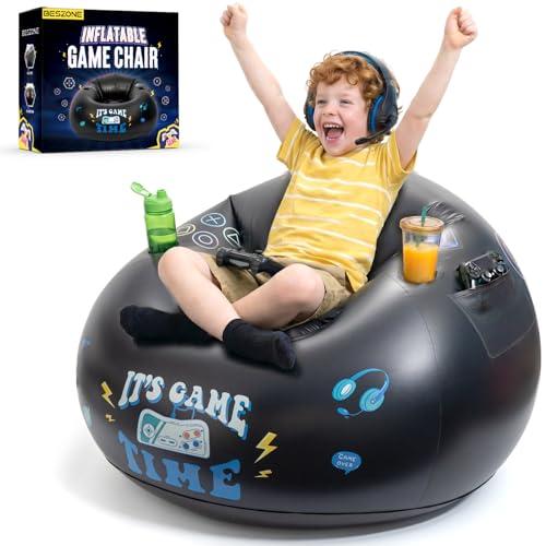 Inflatable Gaming Chair for Kids and Teens with Cup Holders and Side Pocket, Blow Up Bean Bag Gaming Chair for Boys, Comfortable Inflatable Lounge Seat for Gamer Room Decor and Boys Room Furniture