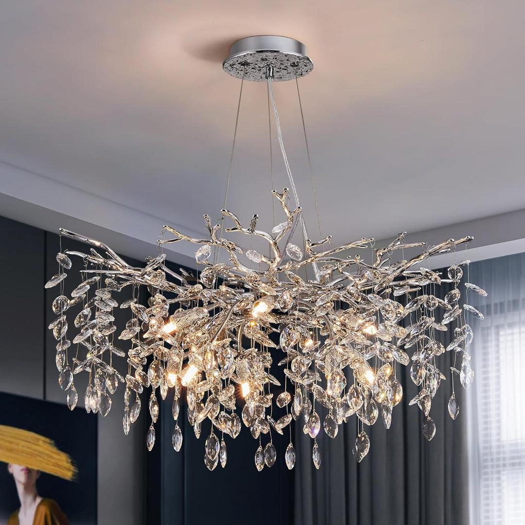 Modern Tree Branch Crystal Chandelier Luxury Silver Crystal Pendant Lighting 30" Contemporary 10-Light Chandeliers for Dining Room Kitchen Bedroom Living Room