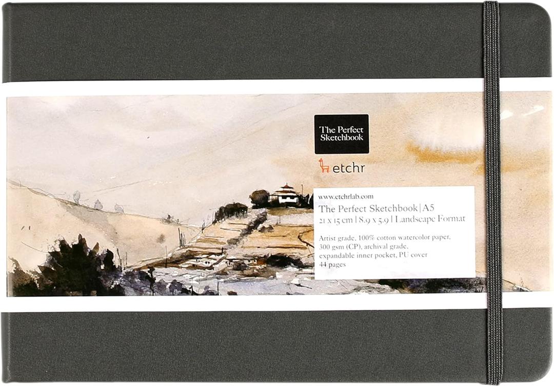 Etchr Perfect Sketchbook - A5 Landscape - Cold Press 100% Cotton - Hardcover Drawing Book 5.8x8.3 with 44 Pages