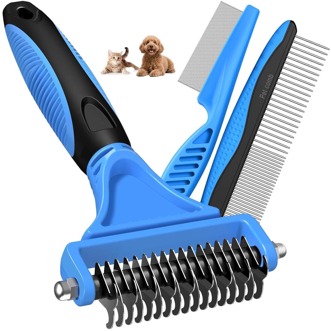 3 x 3PCS Pet Grooming Rake & Metal Comb & Flea Comb for Cats and Dogs, Double-Sided Dematting Tool, Extra-Wide Deshedding Dog Brush for Long Hair to Effectively Remove Tangles, Knots and Mats (Blue)