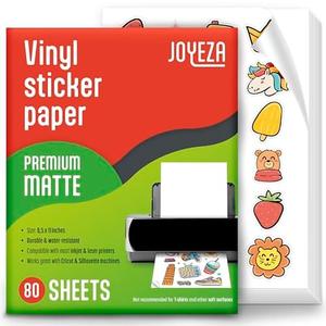 JOYEZA Premium Printable Vinyl Sticker Paper for Inkjet Printer - 80 Sheets Matte White Waterproof, Dries Quickly Vivid Colors, Holds Ink Well- Tear Resistant - Inkjet & Laser Printer
