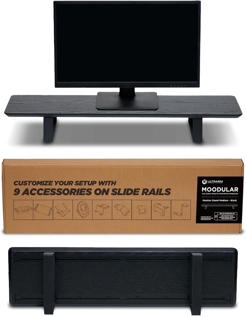 ULTRARM Moodular Wooden Monitor Stand 33.4 (85cm) Desk Organizer with Metal Slide Rails for Drawer, Tray, Laptop, Tablet, Phone & Headphones Customizable Riser for Organized Workspace Black MS85-B