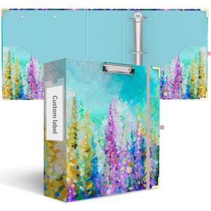 3 Inch 3 Ring Binder, Cute 3'' Round Binders with Low Profile Clipboard with Storage, 2 Interior Pockets, Binder Organizer for School Office Supplies(Purple Oil Painting)