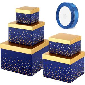 5 Valentine's Day Navy Blue Square Nesting Boxes Decorative Gift Boxes with Lid and Ribbon 5 Assorted Sizes Wrap for Valentine, Anniversary, Birthday