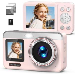 Digital Camera, 5K Vlogging Camera for Photography, 80MP Dual Screen Point and Shoot Digital Camera with Auto Focus, 18X Zoom, Flash, 2 Batteries, 32GB Card for Teens and Adults (Pink)