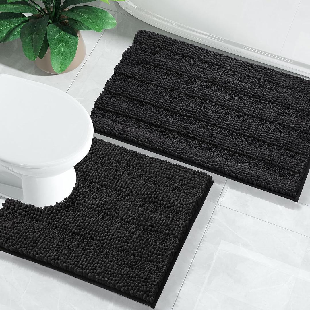 Yimobra Bathroom Rugs Sets 2 Piece, Soft Absorbent Chenille Bath Mat and U-Shaped Toilet Rug, Non Slip Machine Washable Quick Dry, Plush Shower Rugs for Bathroom Floor, 24"x17"+24"x20", Black