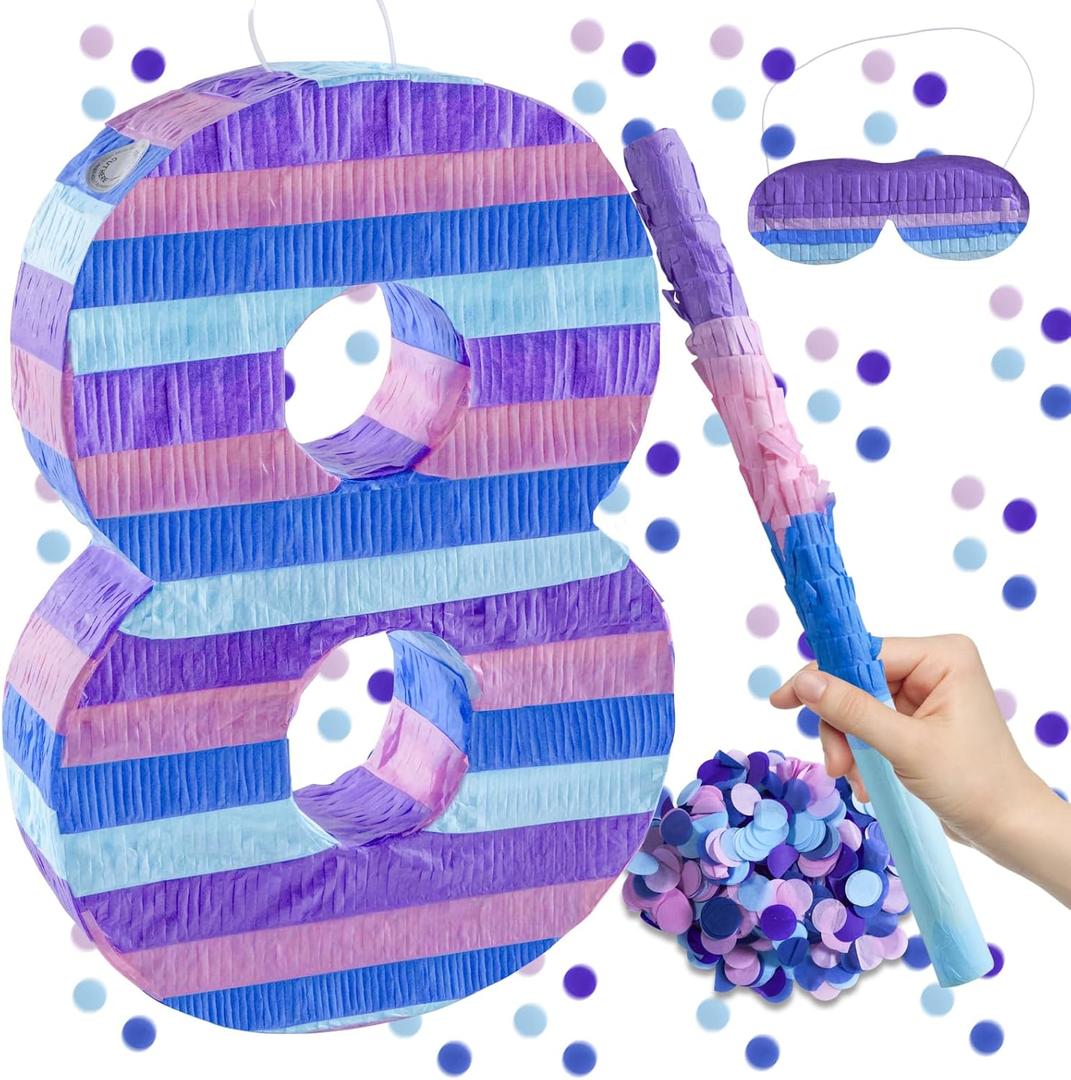 Video Game Birthday Decorations, 15.7 Number 8 Video Game Pinata with 16 Inch Pinata Stick Blindfold Confetti for Game Enthusiast Party Decoration Supplies (8th)