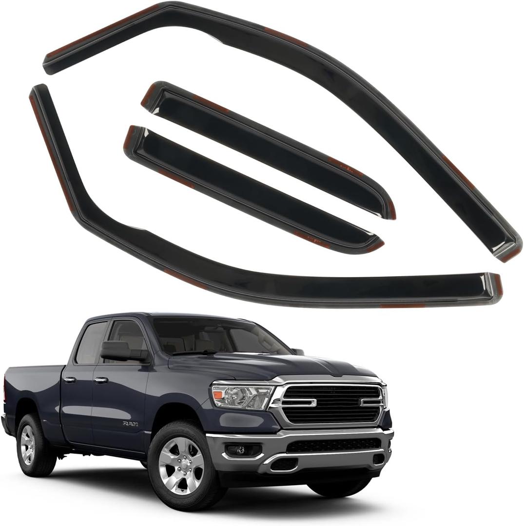 4 PCS in-Channel Rain Guards for Trucks 2019-2024 Dodge Ram 1500 Quad Cab, Smoke Tinted Window Deflectors, Extra Durable Vent Window Visors, Vent Shade Shield 2020 2021 2022 2023