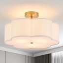 Modern Semi Flush Mount Ceiling Light Modern Gold 3-Lights Drum Ceiling Lighting Fixture Vintage Linen Golden Ceiling Lamp for Laundry Room, Kitchen, Basement, Dining Room, Bedroom