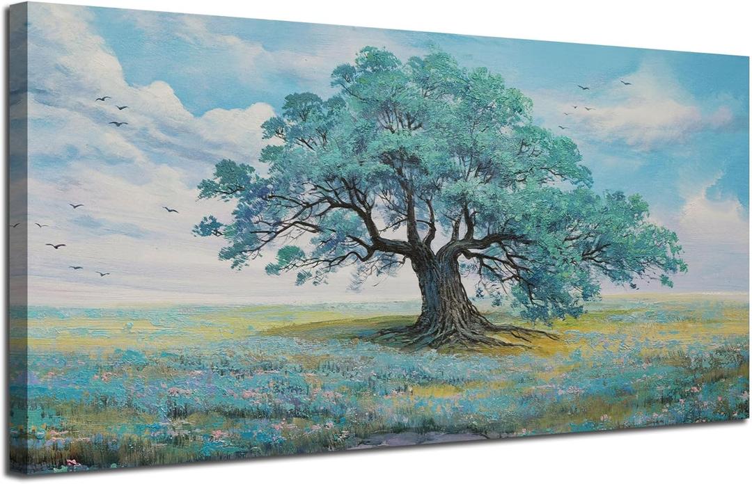 Ardemy Landscape Wall Art Canvas for Living Room Teal Tree Scenery Painting Bedroom Nature Picture Textured Artwork Framed Dining Room Kitchen Home Office Wall Decor, Large 40"x20"