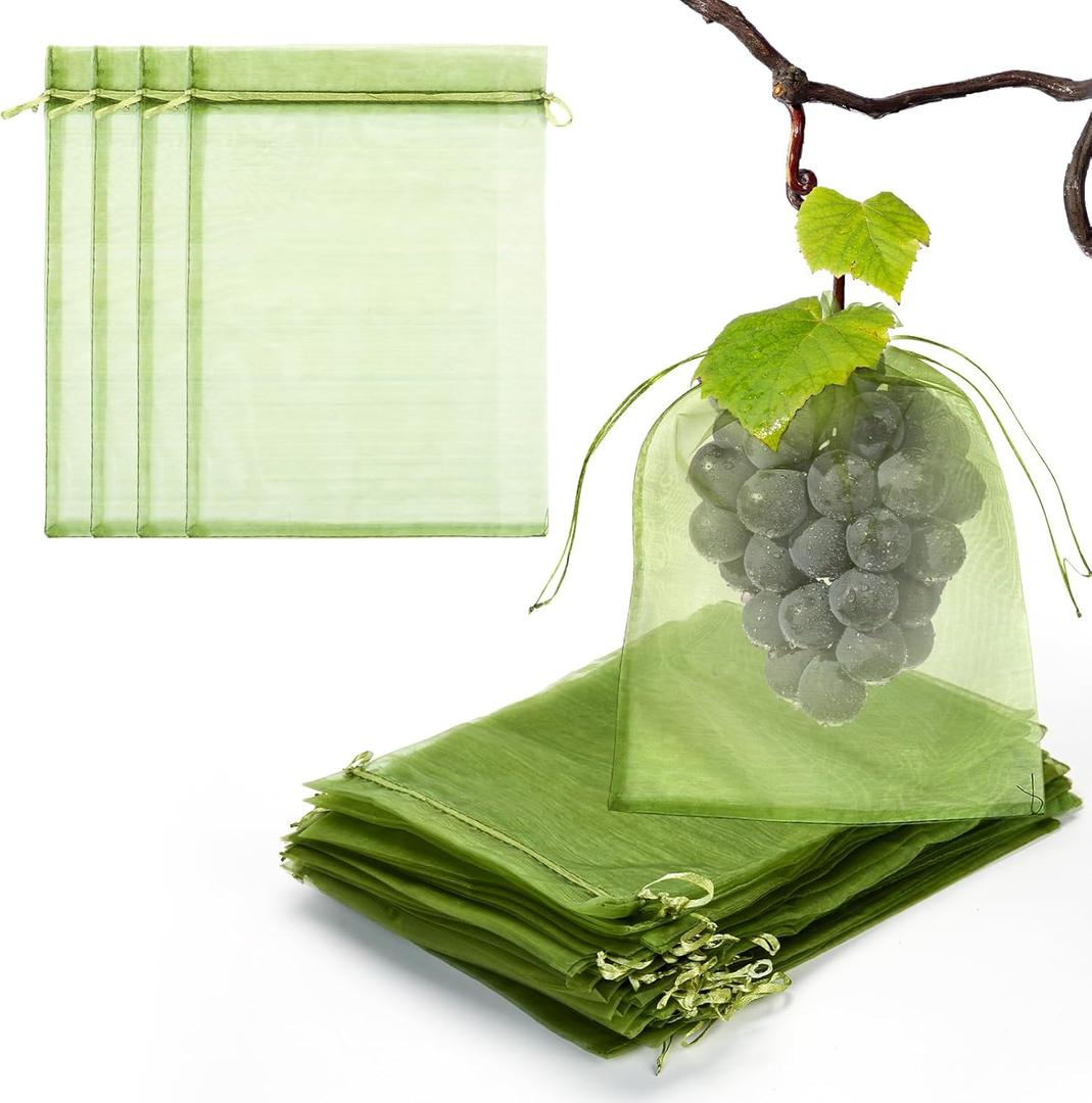 50 PCS 8X12 inches Fruit Protection Bags, Fruit Bags for Fruit Trees, Green Netting Fruit Cover Bags Drawstring Mesh Fruit Protectors Pest Barrier for Fruit Trees Veggies Garden
