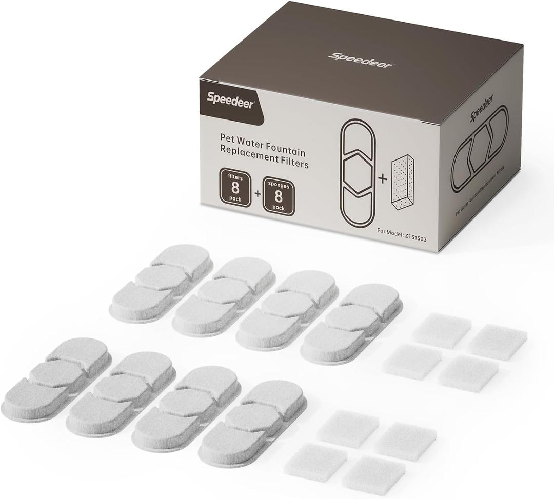 Official 8 Packs Replacement Filters & Pre-Filter Sponges for 4Gal/15L Large Dog Water Fountain ZTS1502