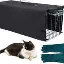 Live Animal Trap Cage with Cover and Gloves, Heavy Duty Folding Animal Traps Cage for Stray Cats, Humane Cat Trap for Raccoon, Squirrel, Skunk, Catch and Release - (32 x 10 x 12 inches)